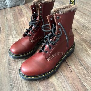 Dr. Martens Cherry Red Combat Boots with Faux Fur